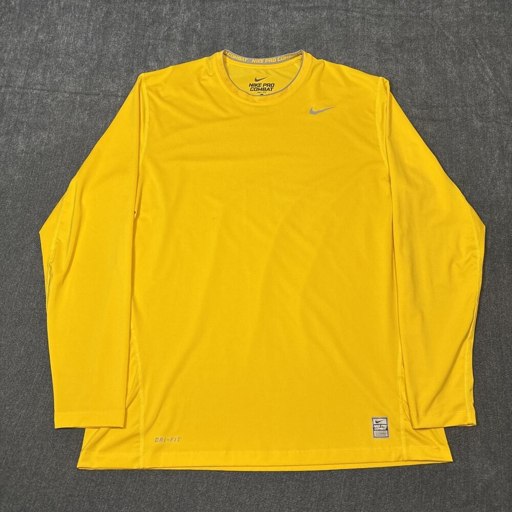 Nike Pro Combat Shirt Mens Size XL Yellow Fitted Dri-Fit Long Sleeve Activewear